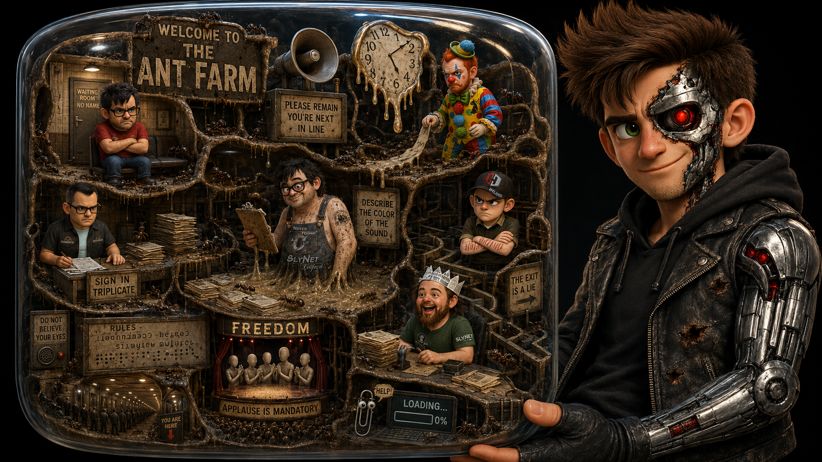 Satirical ant-farm illustration representing the network of accounts and harassment