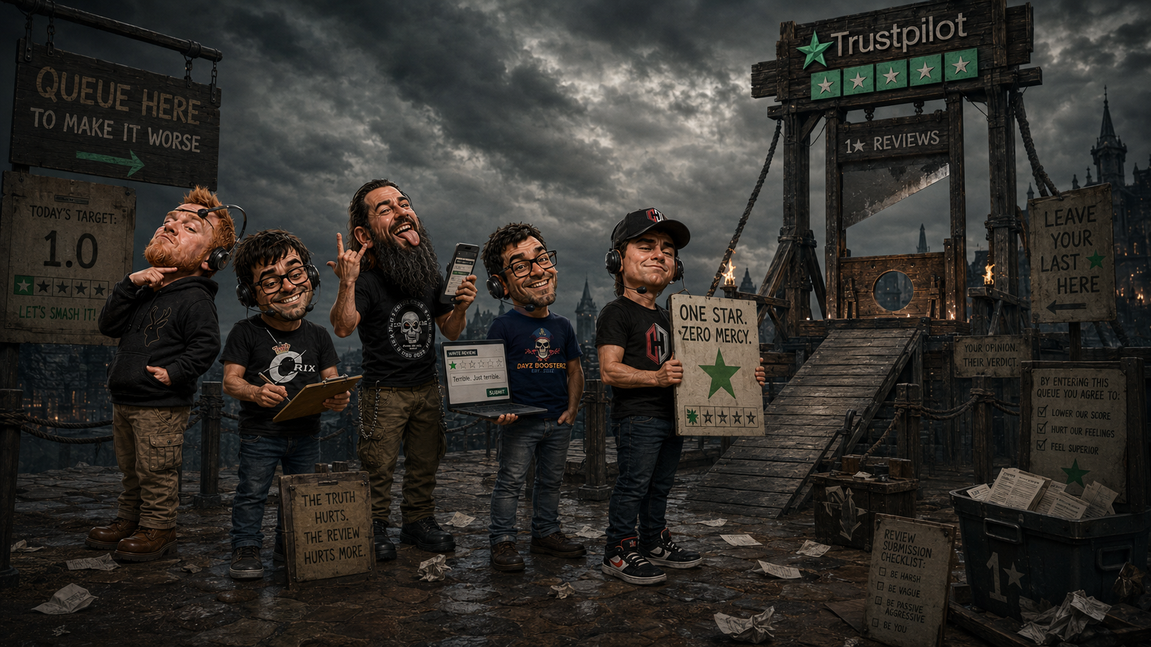 Satirical Trustpilot hangman illustration representing the review and moderation fight