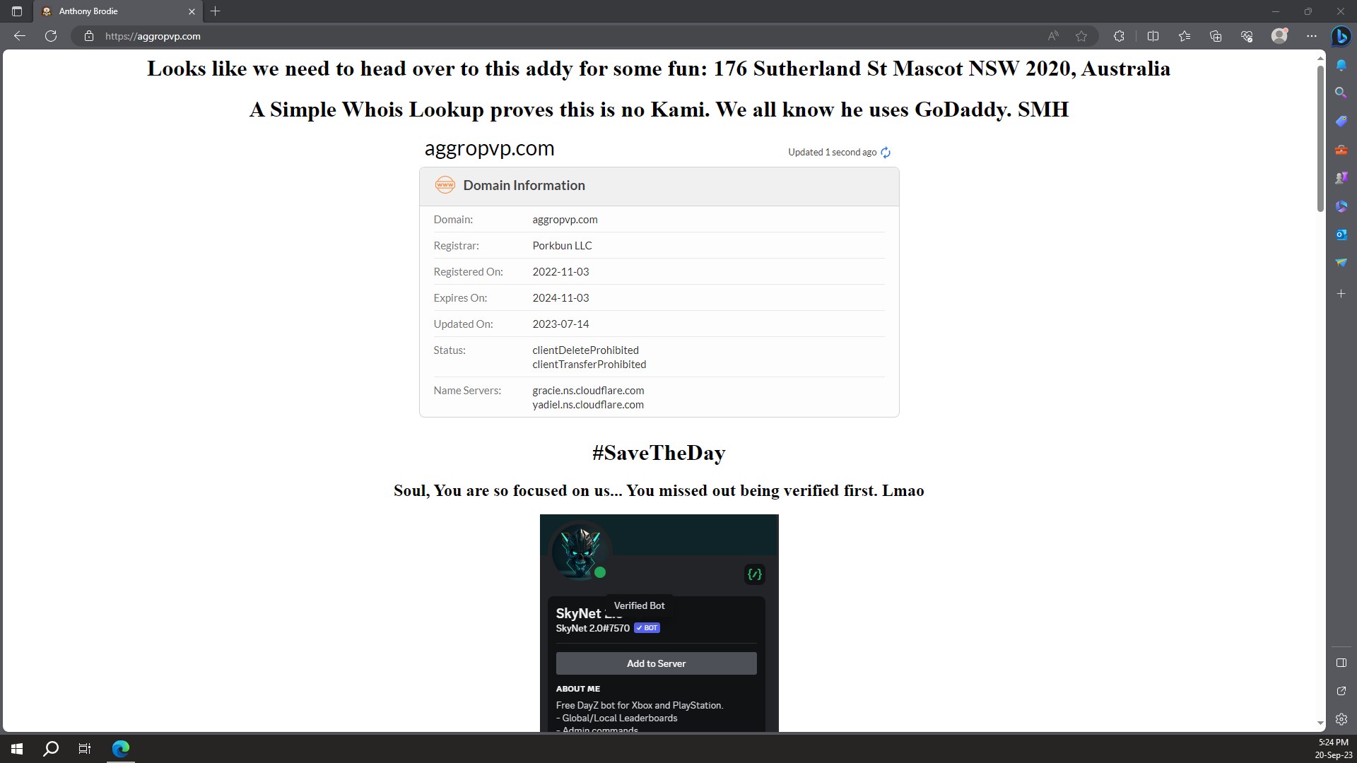 Address posted on website