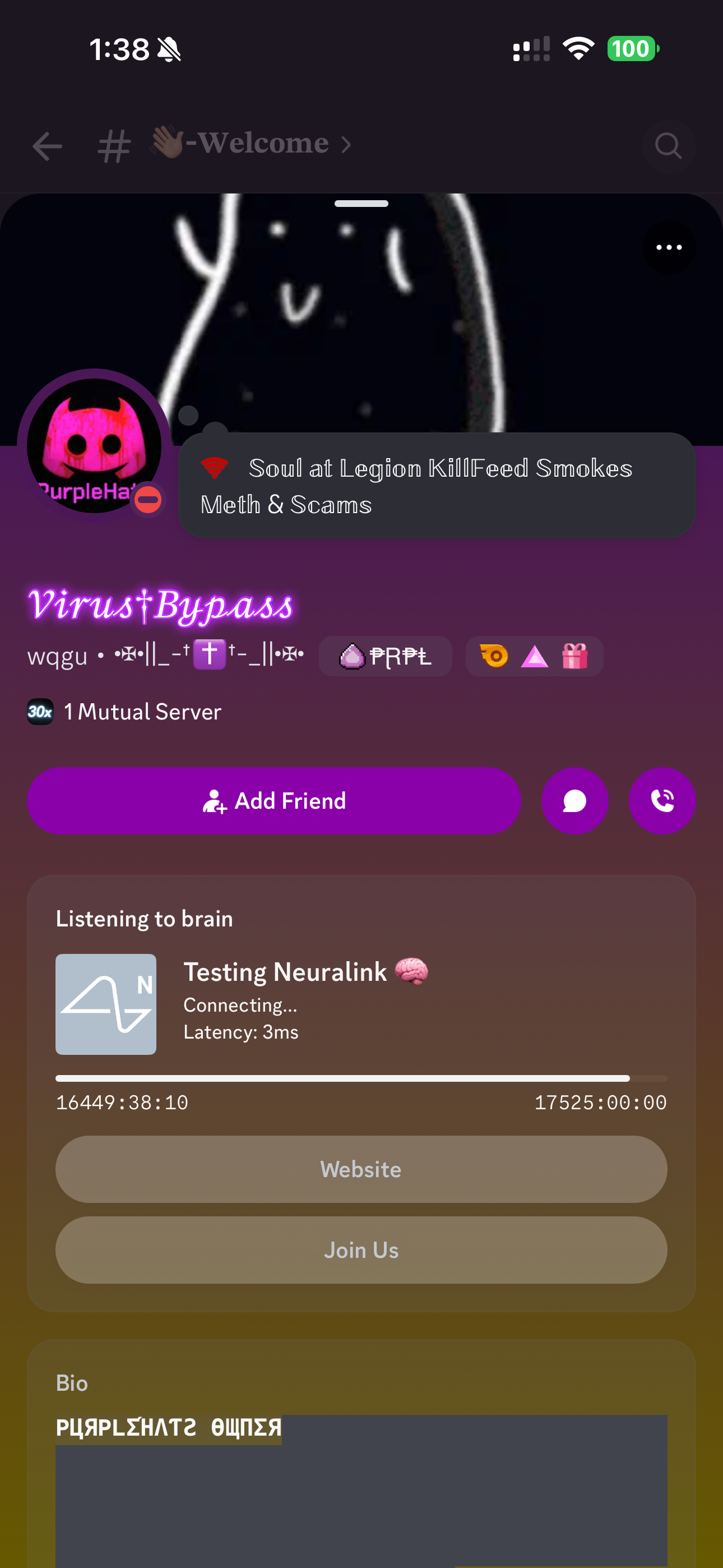 Virus Bypass Discord profile carrying a meth and scam smear against Soul